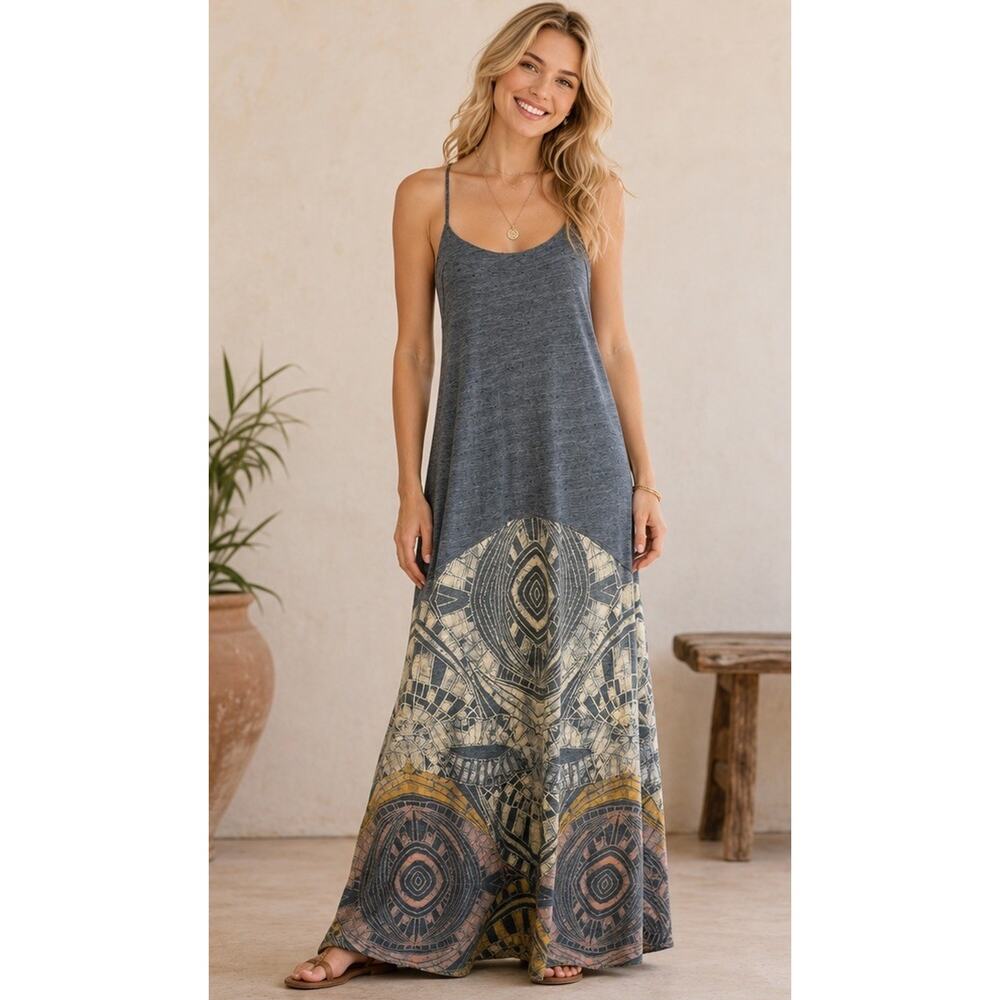 We The Free People Maxi Dress S/P Teal Tribal Print Adjustable Straps Boho - Picture 2 of 14